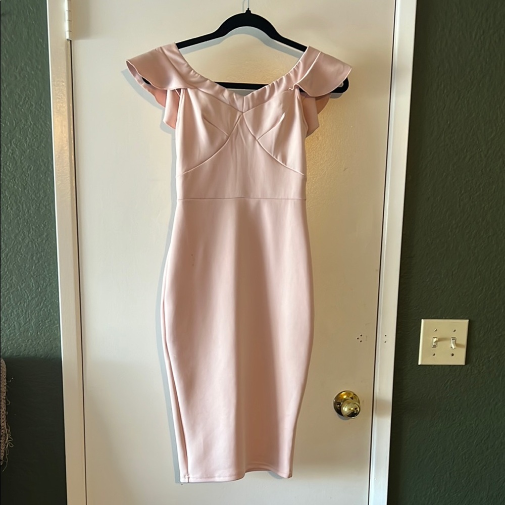 Showpo Pink Off-Shoulder Flutter Sleeve Bodycon Midi Dress